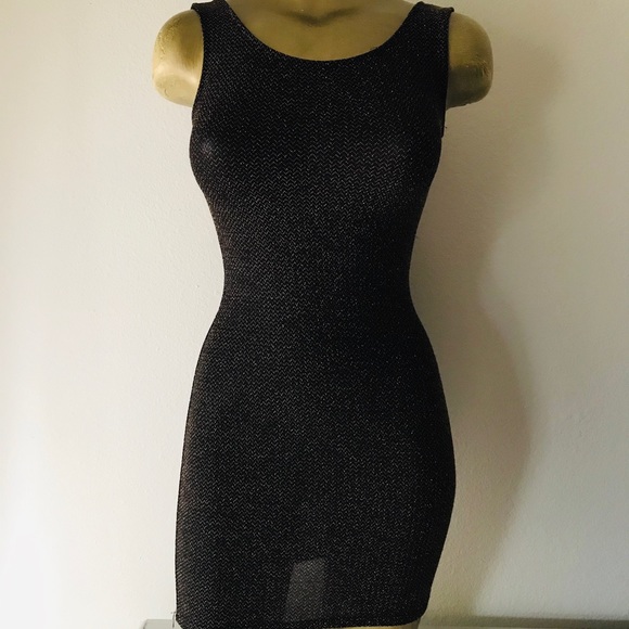 JANUARY 7 Shimmery BLACK GOLD Bodycon MINI DRESS With BOW Detail Back S - Picture 5 of 11